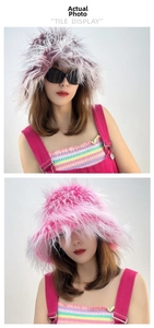 Faux fur bucket hat in purple and pink color options with fluffy plush texture