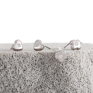 S925 sterling silver minimalist heart and clover stud earrings set with shiny zircon stones