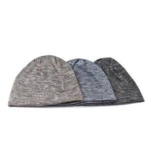 Three-pack cotton melange knit beanie hats for men and women in grey, blue, and black
