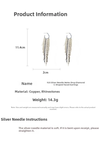 Detailed dimensions of gold U-shaped tassel earrings with rhinestone and pearl accents