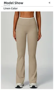 Front view of high-waisted linen color flared yoga pants with seamless waistband