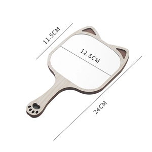 Cat-shaped wooden hand mirror with paw print handle and detailed 24cm size measurements