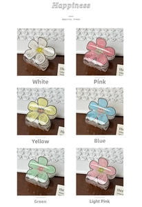 Detailed set of 6 macaron-colored flower hair claws in white, pink, yellow, blue, and green