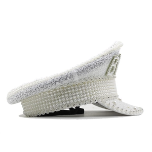 White sequins captain hat with pearls and BR letters for wedding or performance