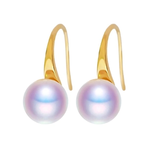 Elegant gold hook earrings featuring iridescent pink purple pearls on a clean white background