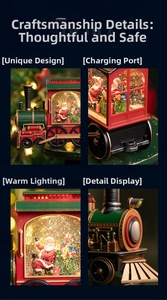 Detail of Santa Claus snow globe train with warm lights and festive miniature scene