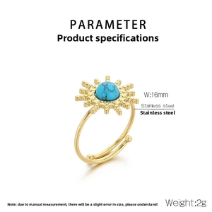 Detail of gold stainless steel sunburst ring with turquoise bead inlay and 16mm width
