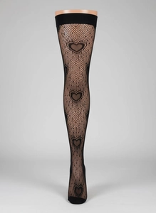 Detailed close-up of black fishnet thigh-high stockings with knit heart patterns and elastic cuff