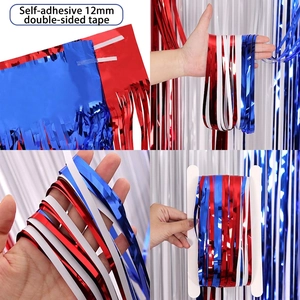 Red white and blue tinsel fringe curtain with 12mm adhesive tape for party decoration