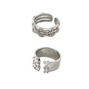 Three-layer zircon inlaid open ring and smooth silver band in real gold plated finish