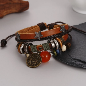Retro multi-layer woven leather Gemini bracelet with brown beads and bronze star charms