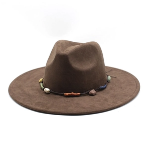 Brown wide brim faux suede fedora with bohemian stone beaded hat band on white background