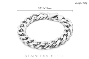 Detailed view of silver stainless steel Cuban chain bracelet with dimensions 215x13mm and 53g