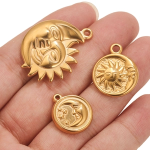 Vintage stainless steel sun and moon pendants set for DIY gold jewelry making