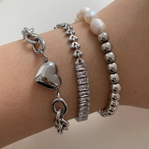 Stainless Steel Freshwater Pearl Bracelet For Women With Heart Pendant And Baguette Cubic Zirconia Layered Fashion Jewelry