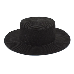Elegant black straw boater hat for women with wide flat brim and fine woven texture