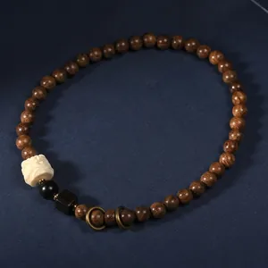 Golden Sandalwood Beaded Bracelet Double Wrap Retro Chinese Style With Lion Charm Alloy Spacers