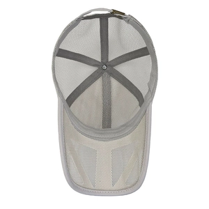 Detail view of breathable mesh lining and stitching inside the grey baseball cap