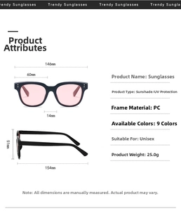 Detailed size chart showing 146mm width and dimensions for these pink lens sunglasses