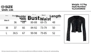 Detailed size chart for vintage French black lace slim cardigan with floral trimming