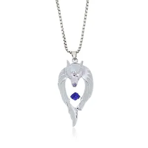 Vintage silver luminous wolf head pendant necklace with blue gemstone and box chain