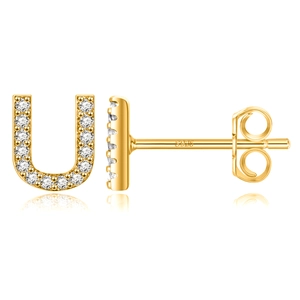 Macro shot of S925 sterling silver hallmark on gold letter U stud earring with zircons