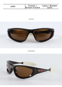 Brown wrap-around Y2K sports sunglasses with side red stripes and white temple detail
