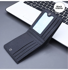 Close-up of black canvas wallet interior showing card slots and snap fastener
