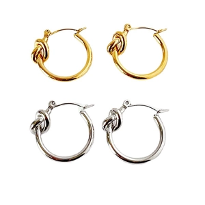 Classic 316L stainless steel knot hoop earrings set in polished gold and silver finishes