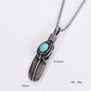 Detailed view of silver feather pendant with turquoise stone and dimension specs