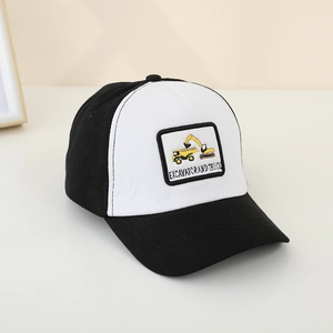 Detail of kids baseball cap with excavator patch and black and white color block design