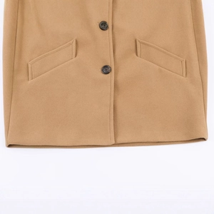 Classic camel wool blend coat featuring deep resin buttons and side slant pockets detail