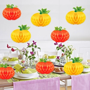 Autumn harvest pumpkin honeycomb hanging decorations in orange and yellow for party