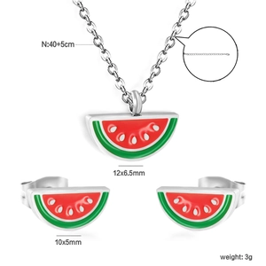 Detailed view of watermelon jewelry set with dimensions for necklace and stud earrings