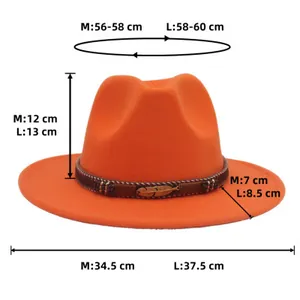 Size chart showing M and L dimensions for the wool jazz hat with gold belt detail
