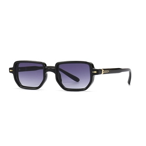 Retro black acetate sunglasses with purple gradient lenses and gold arrow hinges