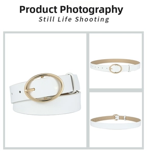 Detail of white PU leather skinny belt featuring a minimalist golden oval buckle