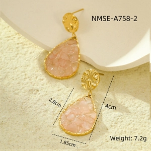 Detail view of pink water drop stone earrings with gold trim and size measurements