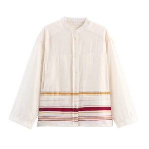 Women casual off-white striped shirt with multi-color hem and pockets set