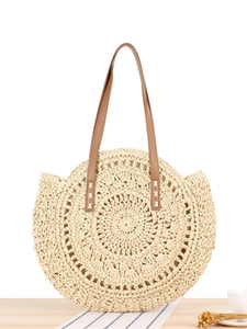 Round Woven Paper Rope Shoulder Bag Summer Beach Vacation Tote Circular Handbag With Zipper And PU Leather Strap For Women