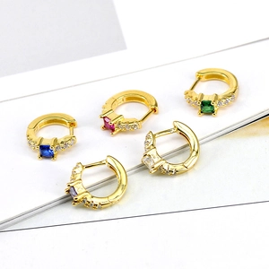 S925 silver needle hoop earrings with square colorful zircon and diamond accents