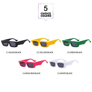 Detail view of five retro square sunglasses with thick wavy temples in multiple colors