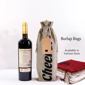 Christmas burlap wine bottle bags with drawstrings and Cheer print for holiday parties