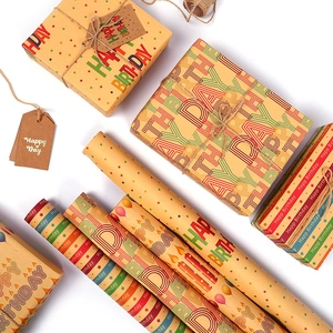 Birthday kraft gift wrapping paper set with Happy Birthday patterns and colorful stars