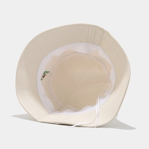 Off-white cotton bucket hat with avocado embroidery and adjustable chin strap detail