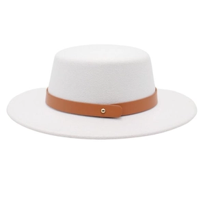 Elegant white wool felt fedora with a flat top and a brown leather band with gold buckle
