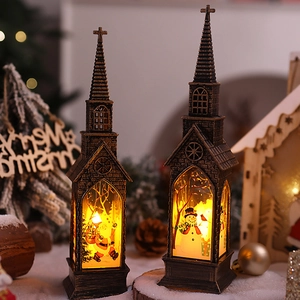 Detail of vintage Christmas lanterns with Santa Claus and Snowman in warm LED glow