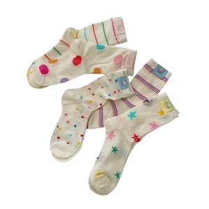 Colorful striped and polka dot cotton mesh socks for women in a multi-pair set