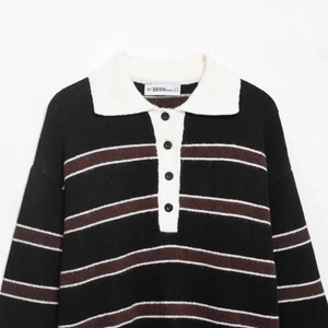 Chic black and brown striped knit Polo shirt with long sleeves and white collar