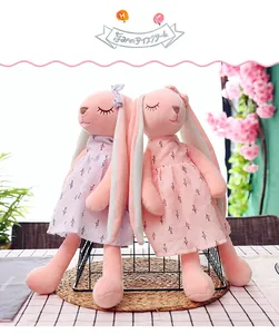 Detailed view of two cute long-eared plush rabbits in floral dresses sitting in a basket